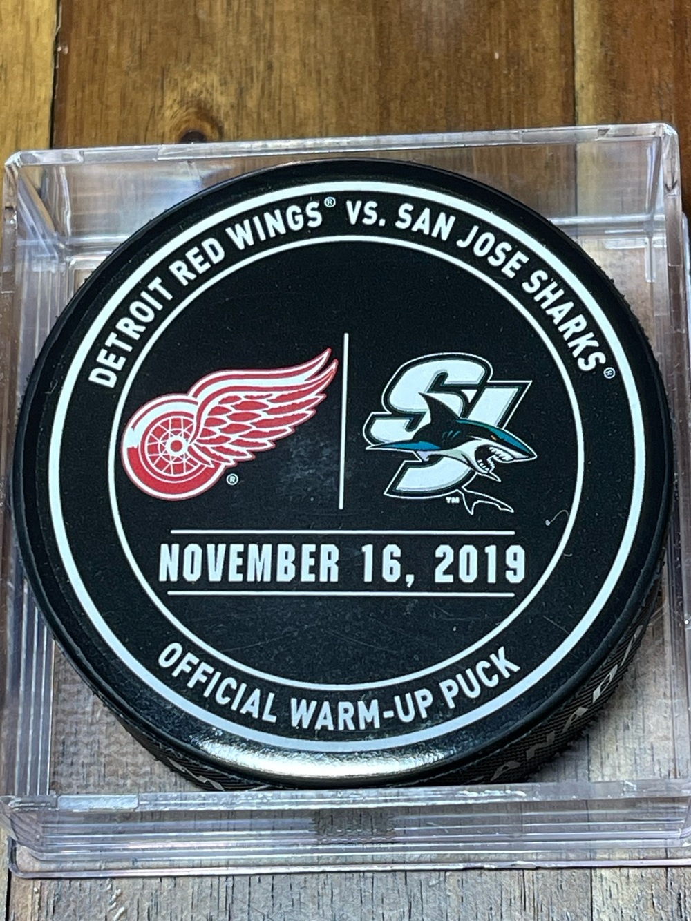 Detroit Red Wings vs San Jose Sharks Official NHL Warm-Up Hockey Puck - 2019